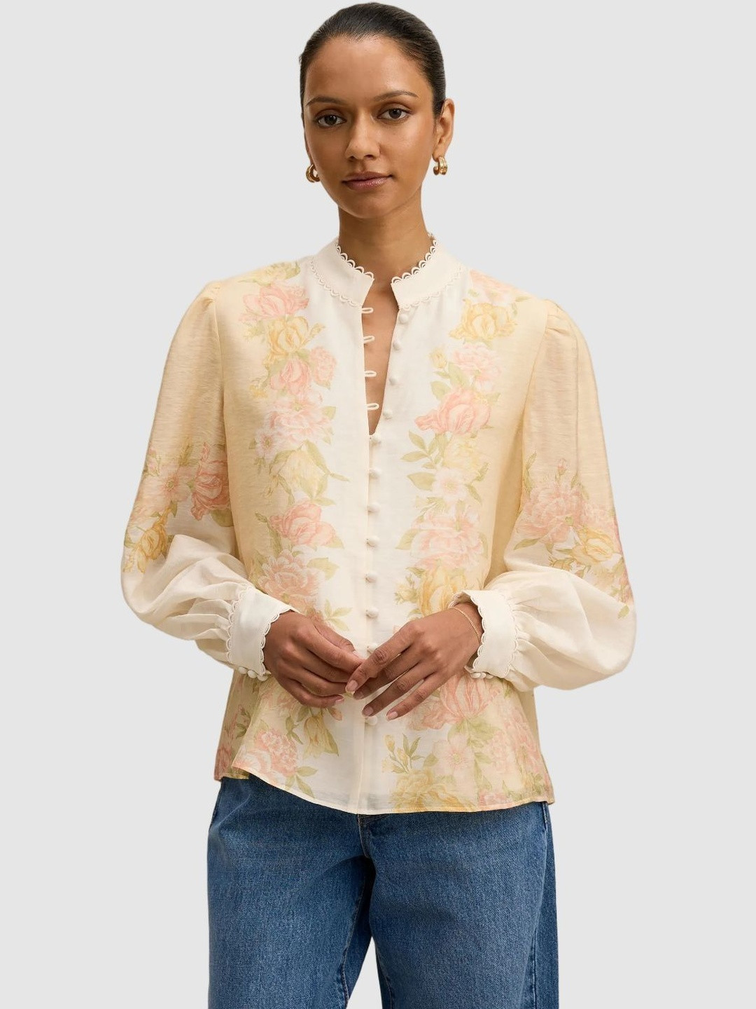 Forever New Floral Print Mandarin Collar Bishop Sleeves Shirt Style Top