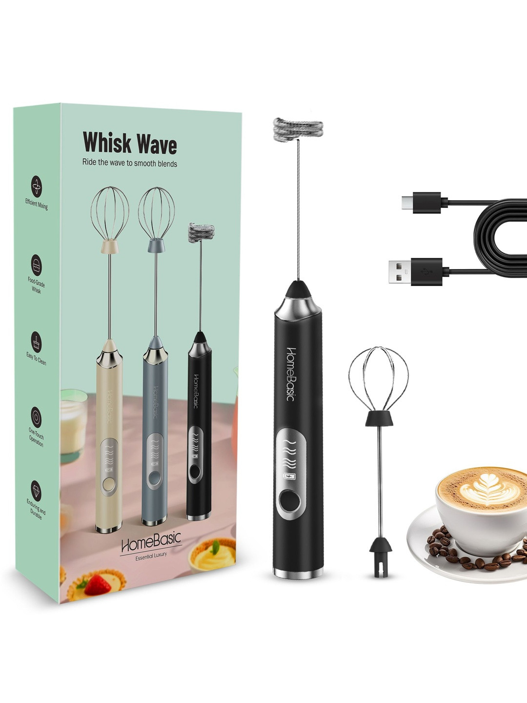HOMEBASIC Black 3-Speed USB Rechargeable Handheld Milk Frother