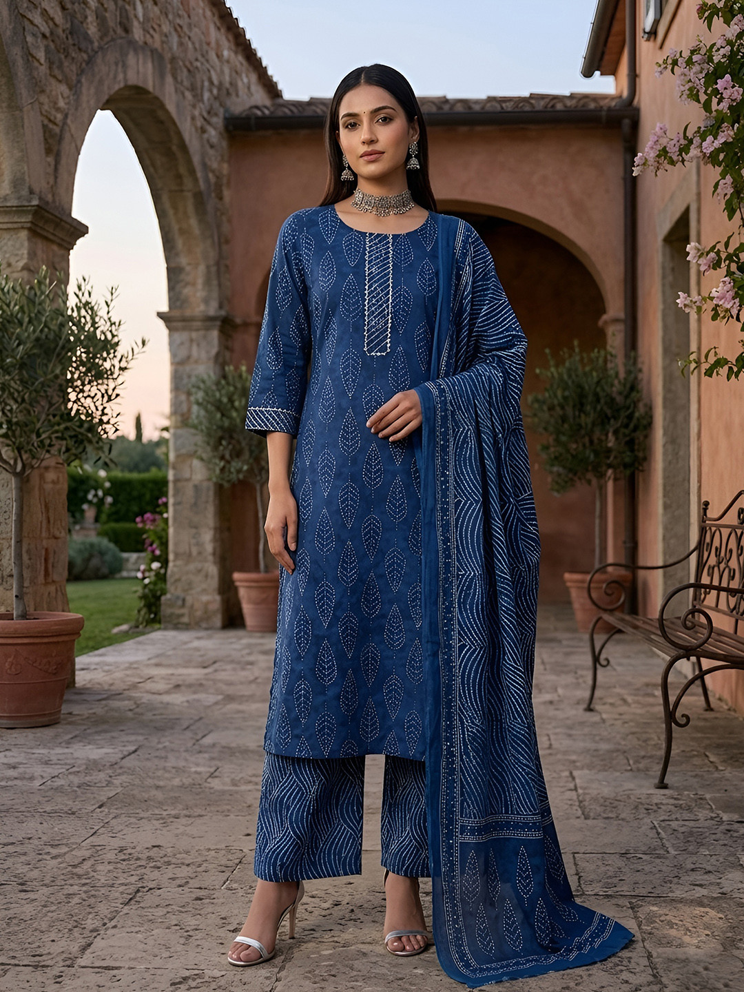 Nayo Women Ethnic Motifs Printed Regular Pure Cotton Kurta with Palazzos & With Dupatta