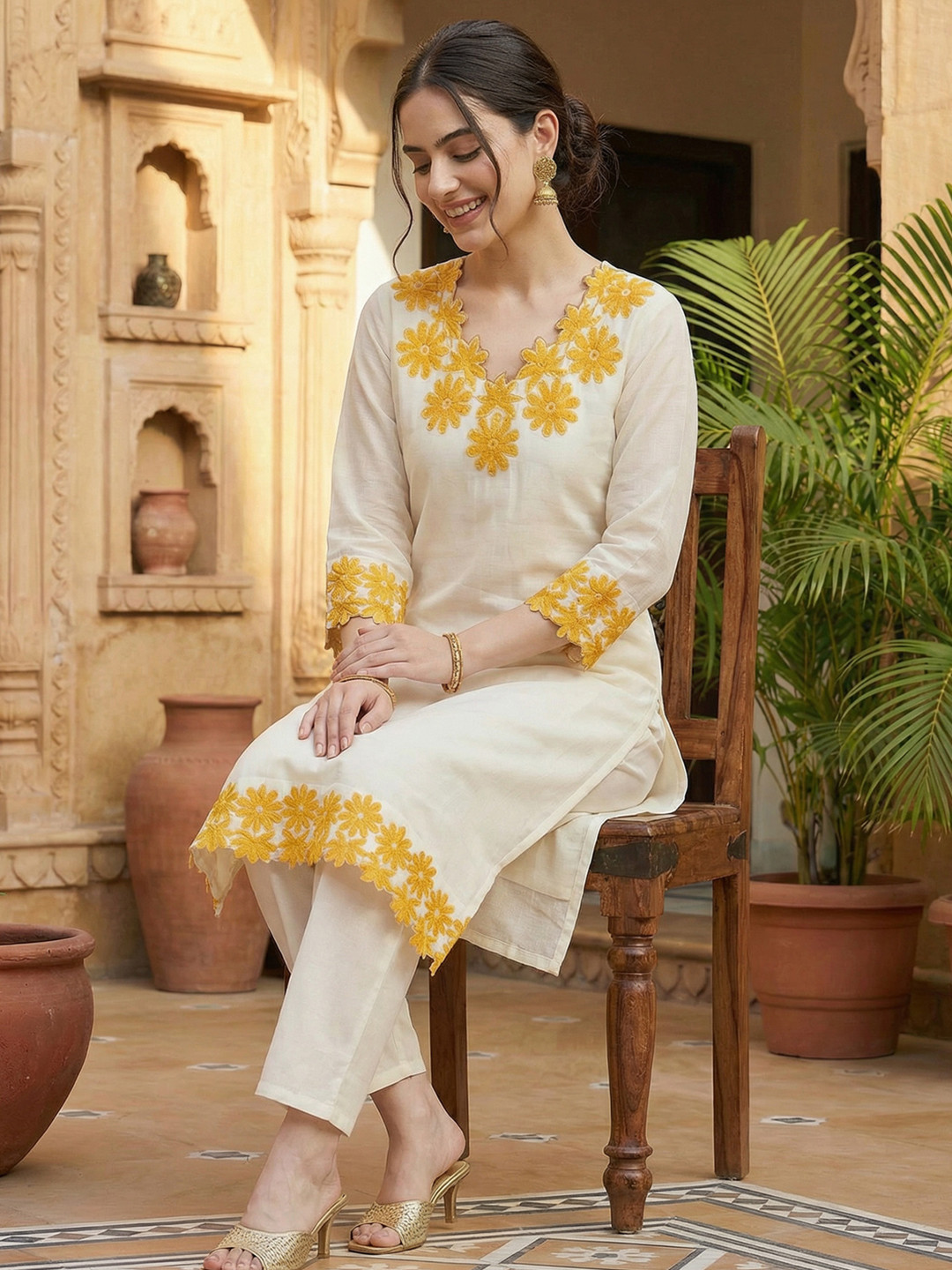Indo Era Women Floral Embroidered Regular Thread Work Pure Cotton Kurta with Trousers