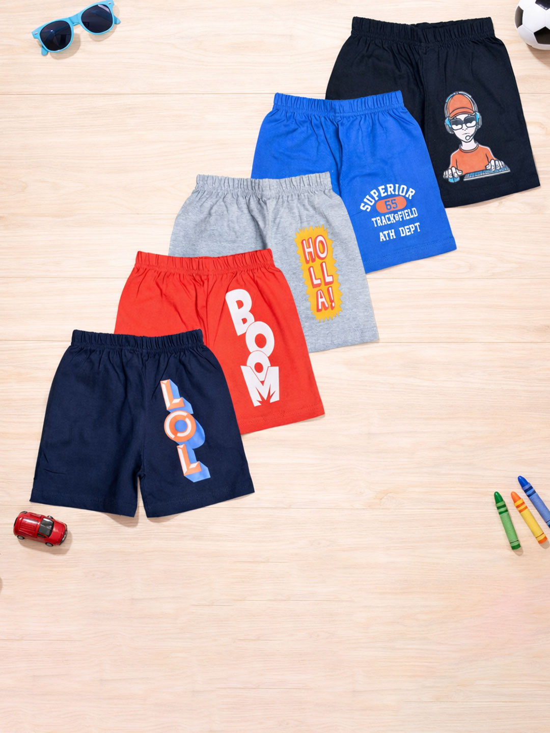 FAZZA Boys Pack Of 5 Cotton Printed Shorts