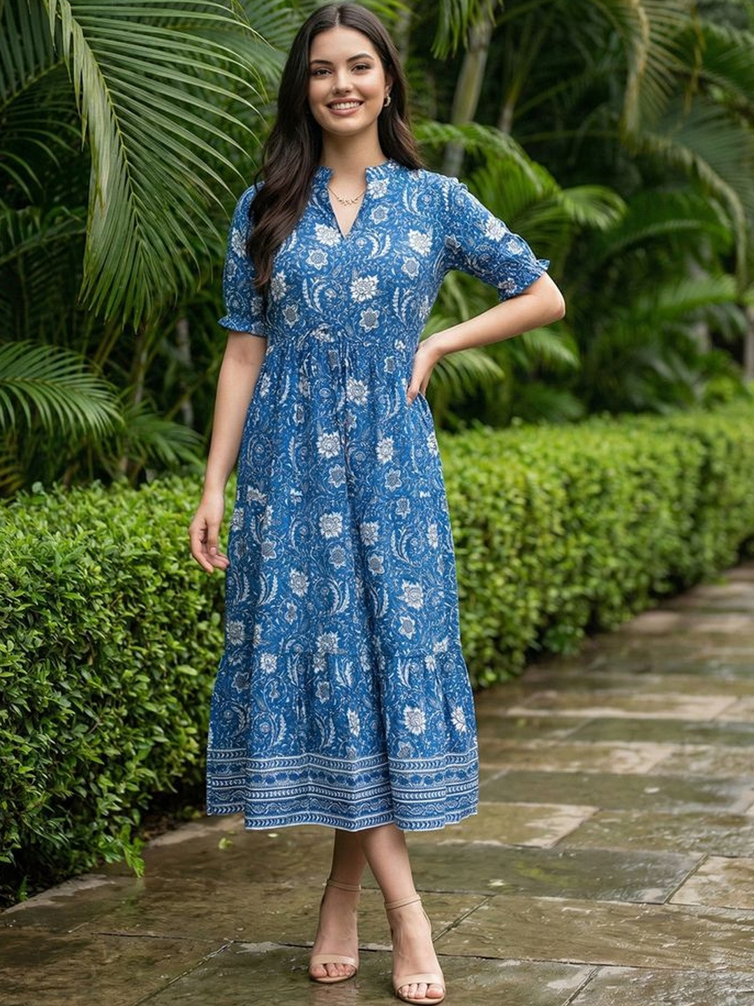 KALINI Floral Print Cotton Fit & Flare Midi Dress