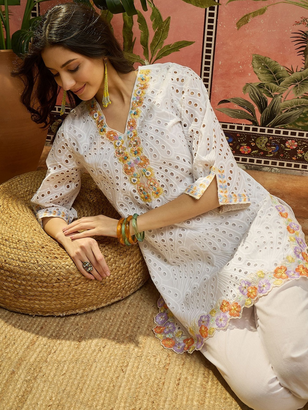 Sangria Embroidered Pure Cotton V-Neck Kurti & Trousers