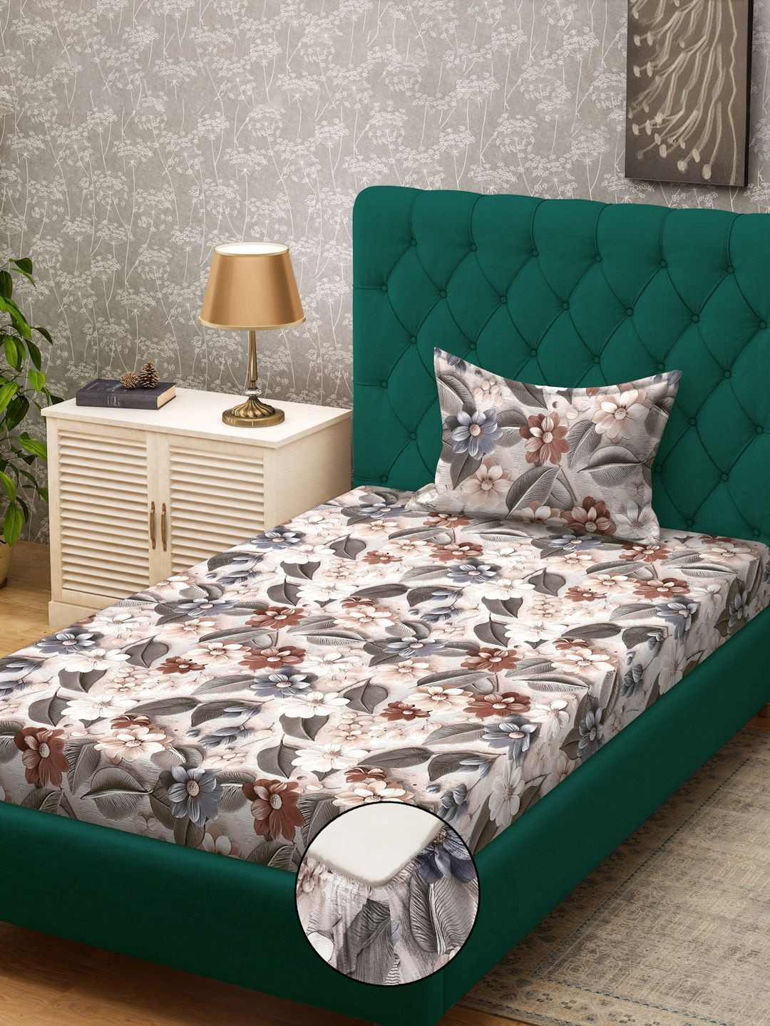 KLOTTHE White & Green Flower Printed Fitted 300 TC Single 7D Bedsheet With Pillow Cover