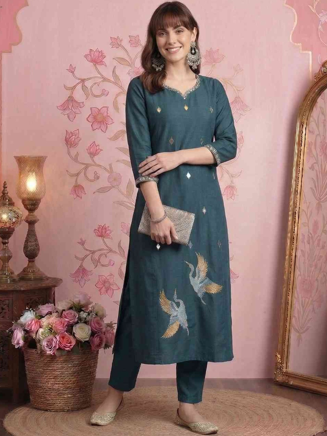 ADHIRITI Women Floral Embroidered Panelled Thread Work Pure Cotton Kurta with Trousers