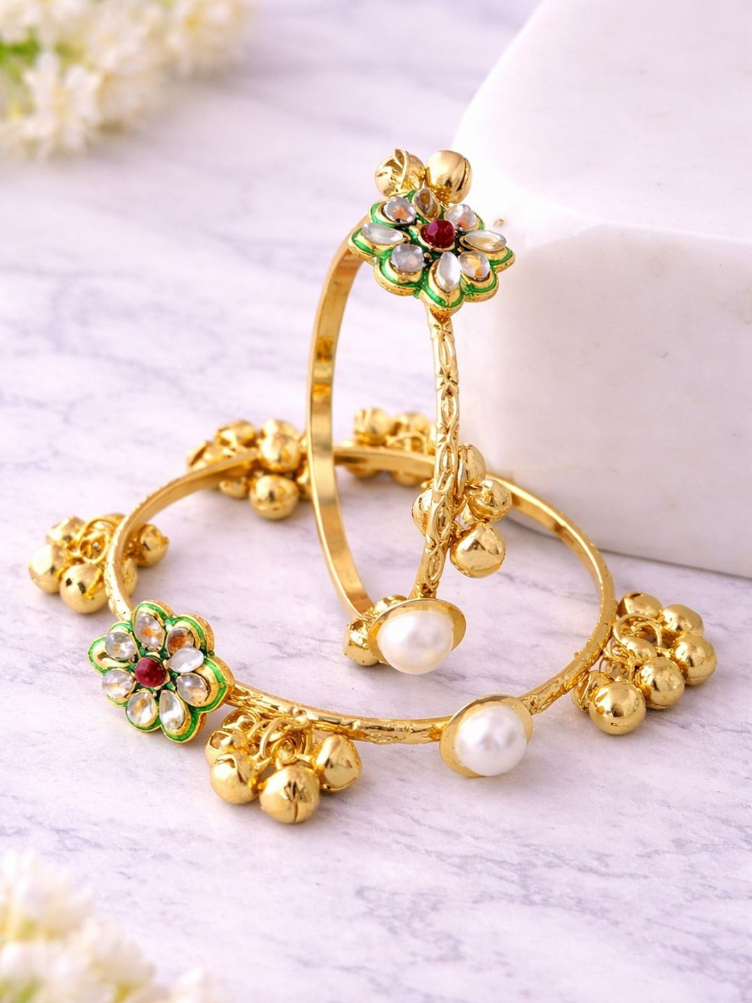 SUGARFRILL Set of 2 Gold-Plated Oxidised Stone Studded & Beaded Bangles
