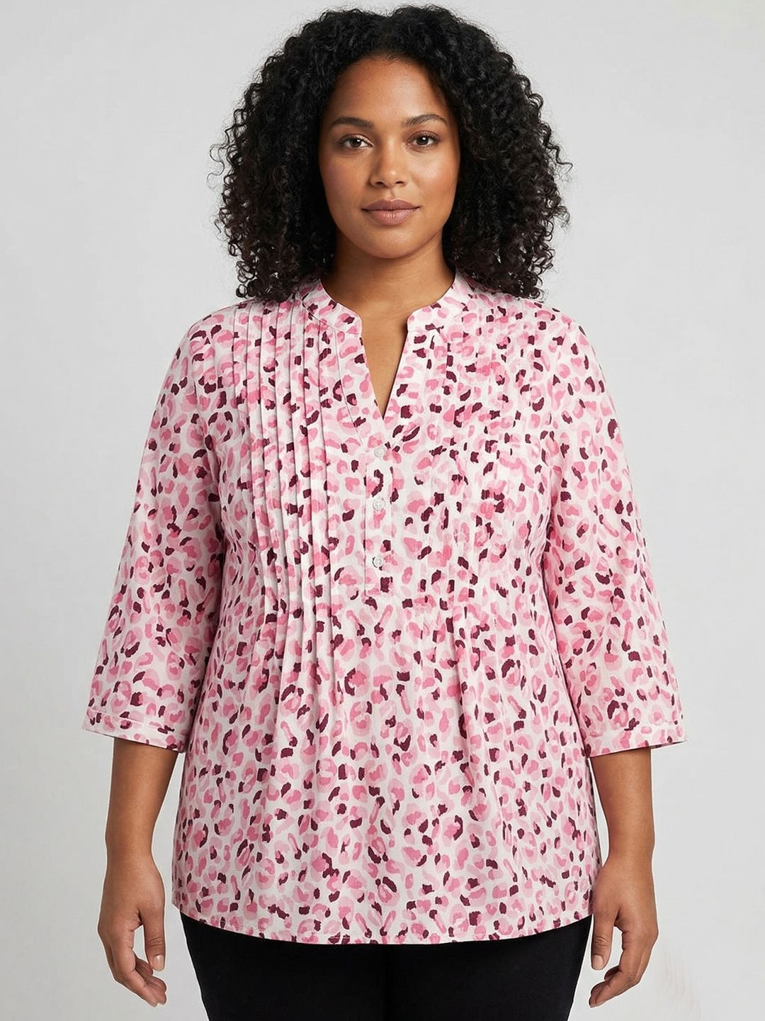 IX IMPRESSION Print Mandarin Collar Cotton Top