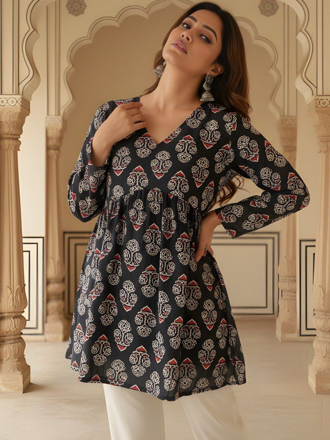 Metronaut Floral Print V-Neck Pure Cotton Kurti