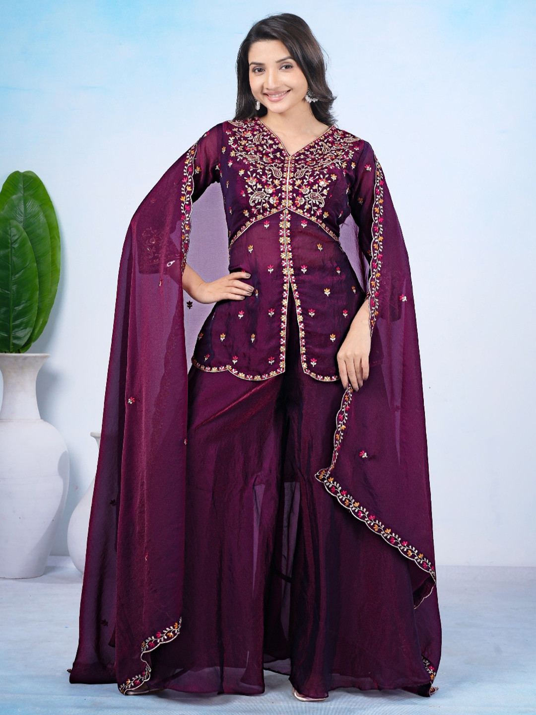 KUKUME Women Embroidered V-Neck Pure Silk Kurta With Palazzos & Dupatta