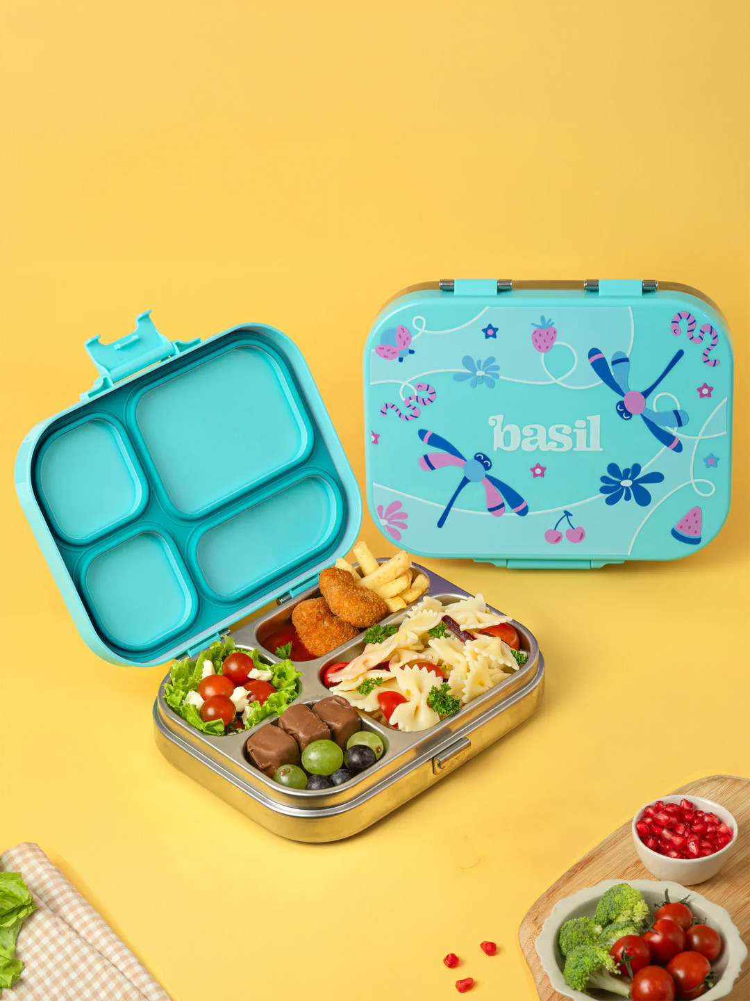 BASIL Teal Garden Stainless Steel 4 Compartment Bento Lunch Box- 800ml