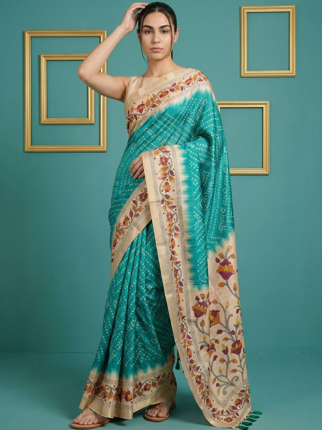 ELITE WEAVES Printed Bandhani Zari Silk Blend Saree