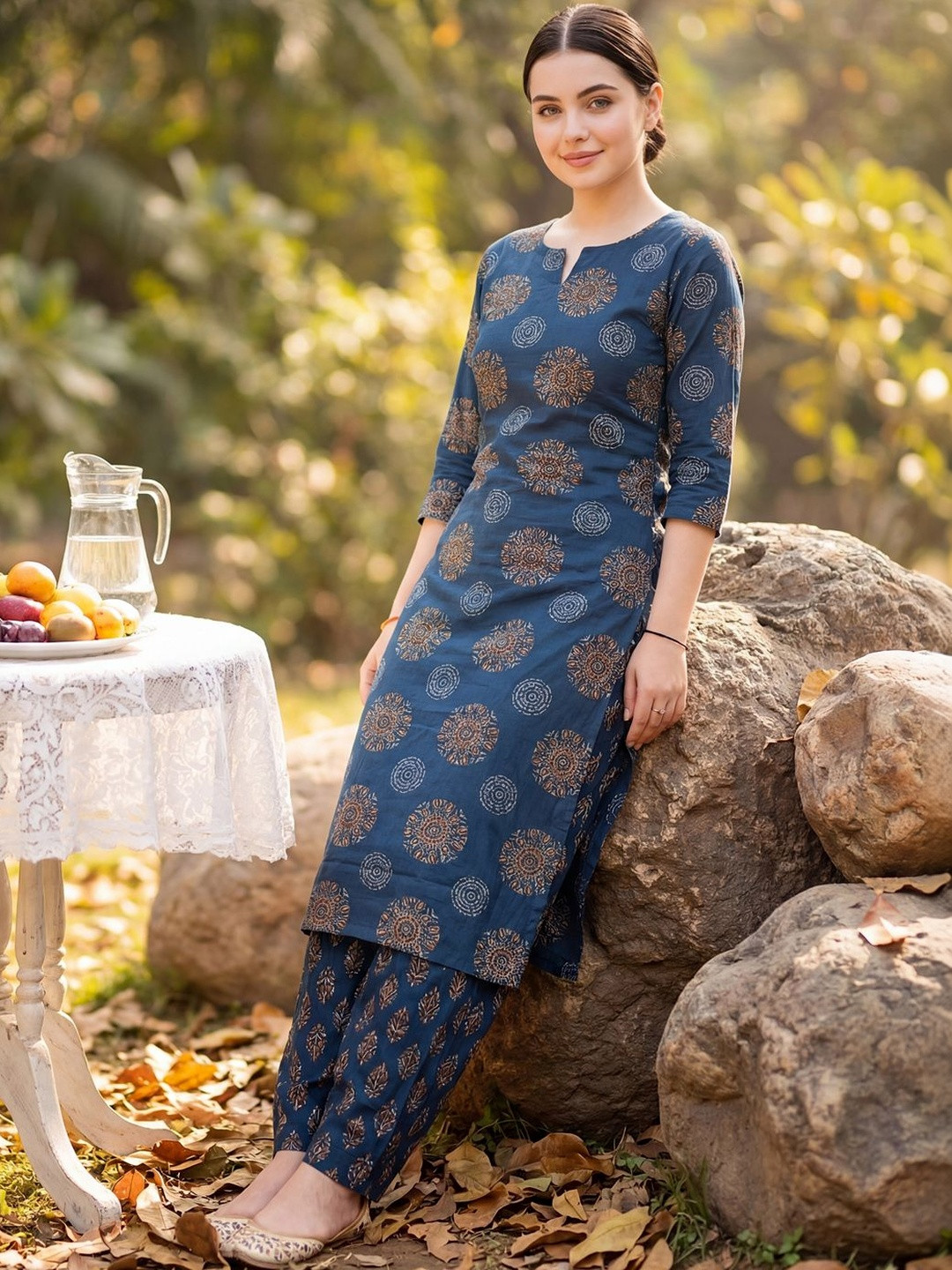 Indo Era Women Ethnic Motifs Printed Regular Pure Cotton Kurta with Salwar