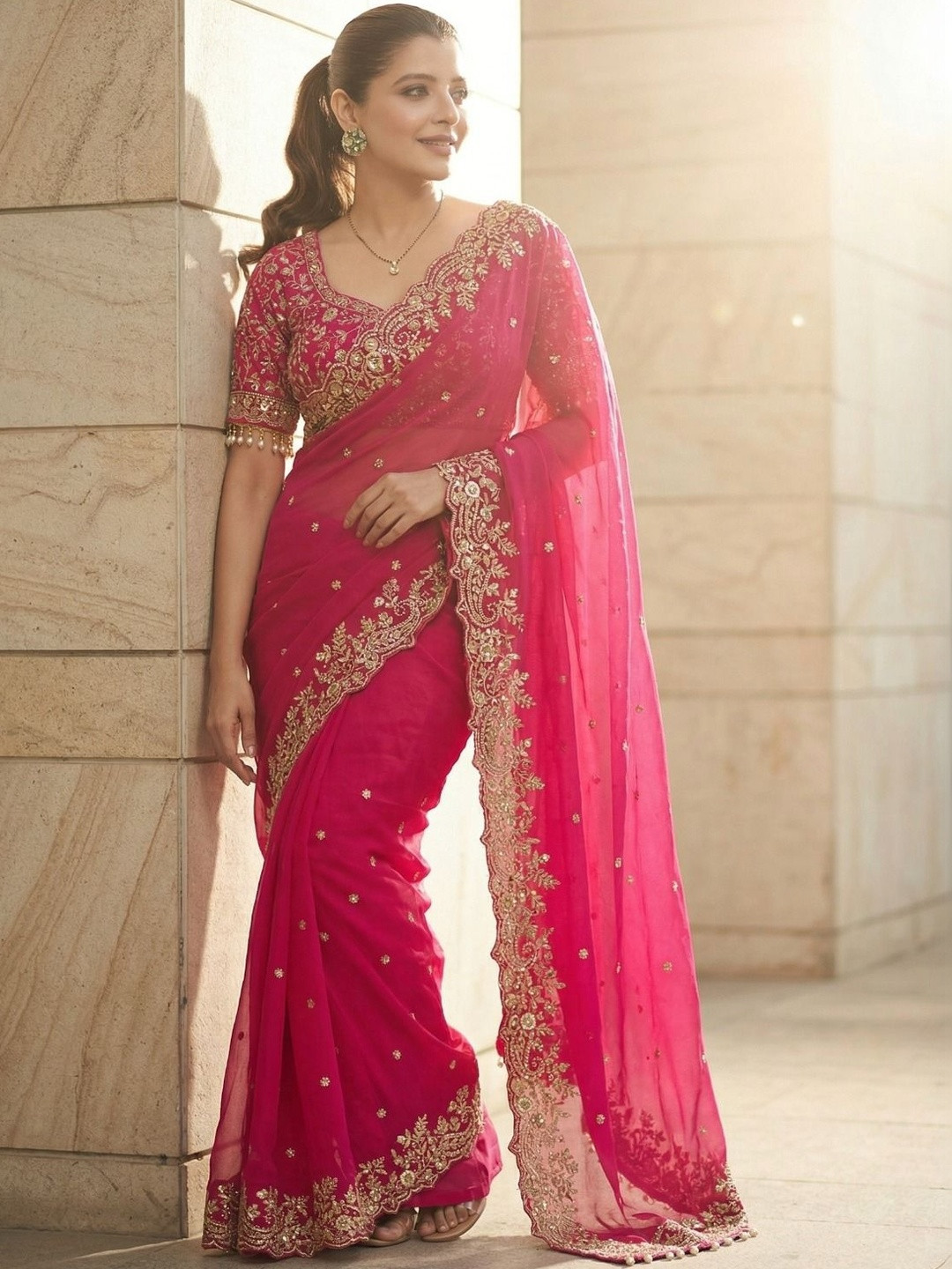 Kalista Ethnic Motifs Embroidered Satin Saree