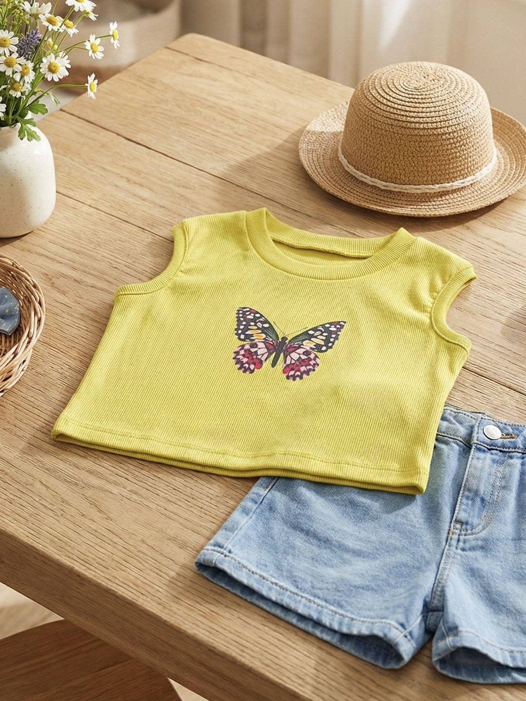 TRUFFLES Girls Lime Green Butterfly Graphic Print Ribbed Crop Tops