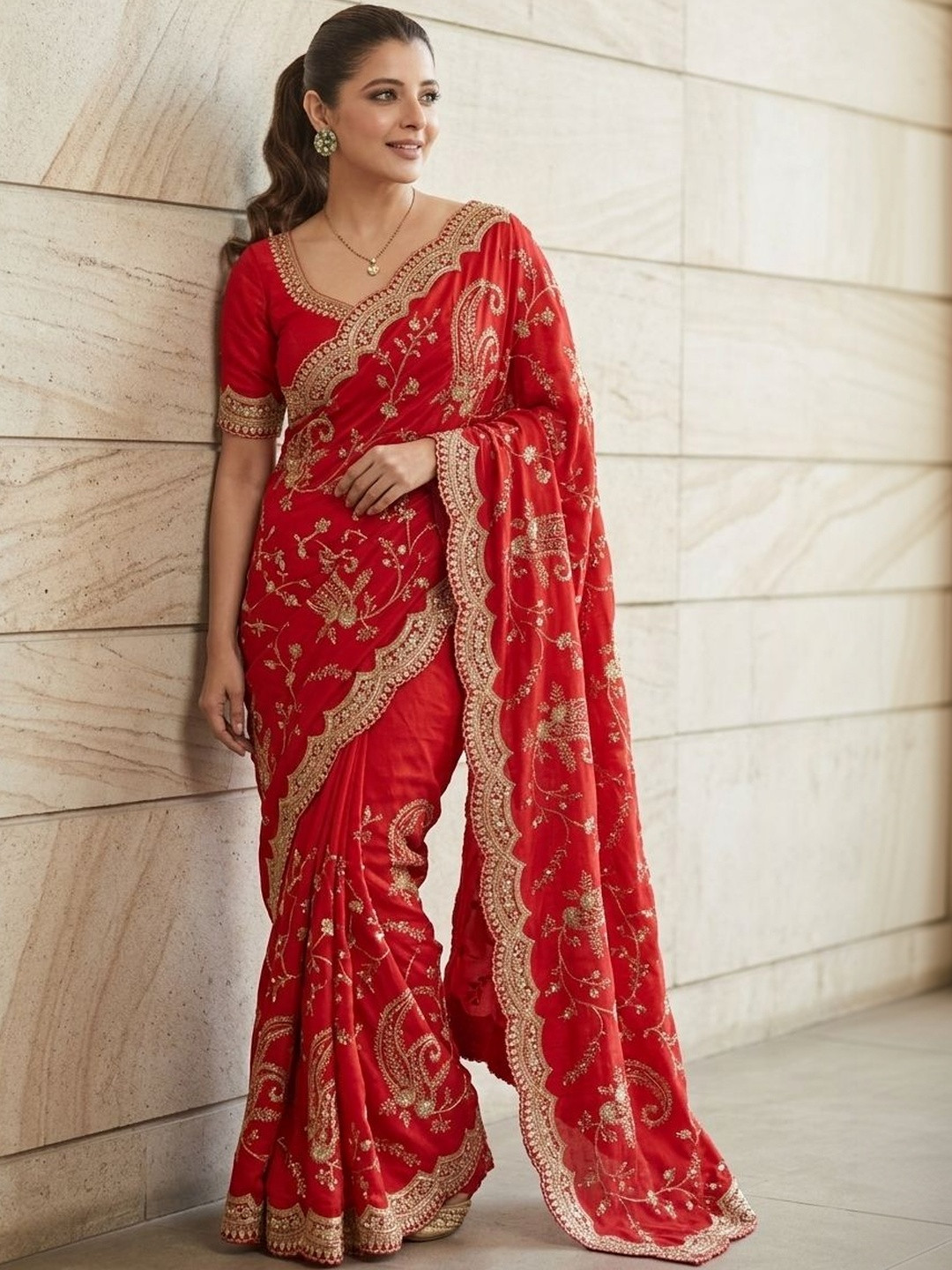 Kalista Ethnic Motifs Beads and Stones Satin Saree