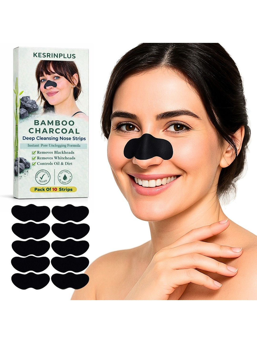 KESRINPLUS Bamboo Charcoal Deep Cleansing Korean Nose Strips - 10 Strips