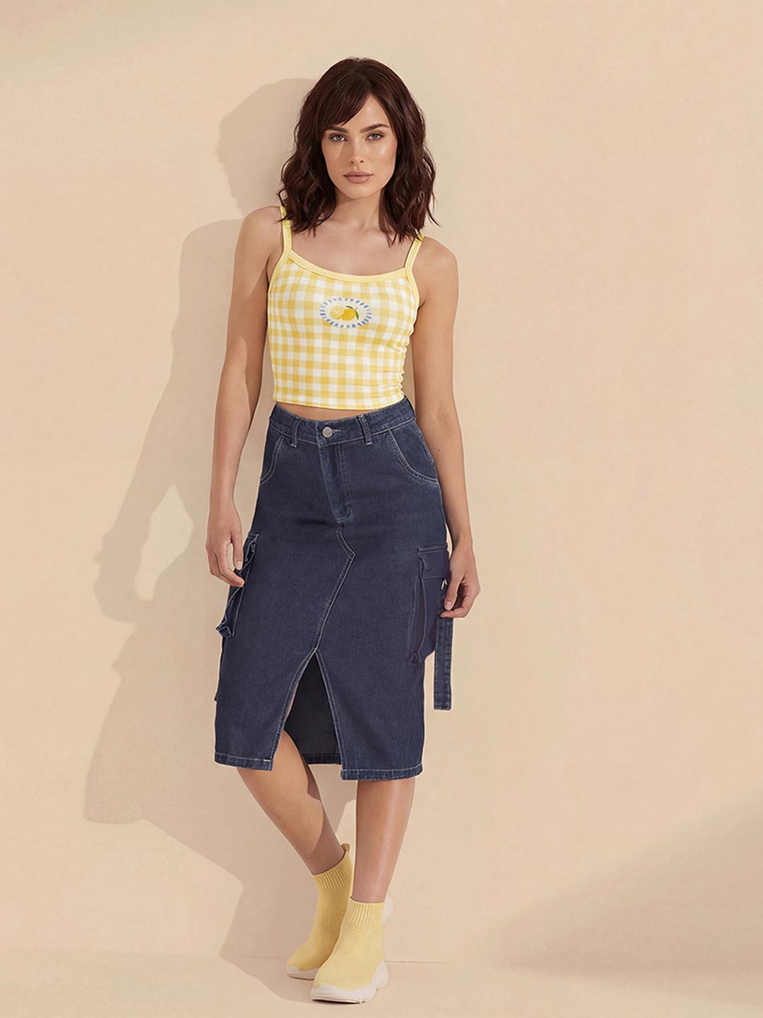 Roadster Women Cotton Front Slit Midi Straight Skirt