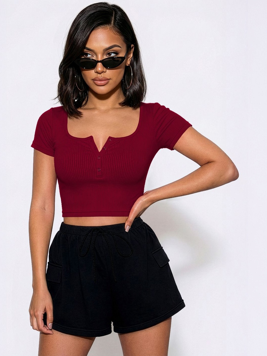 Maroon Sweetheart Neck Short Sleeves Crop Top