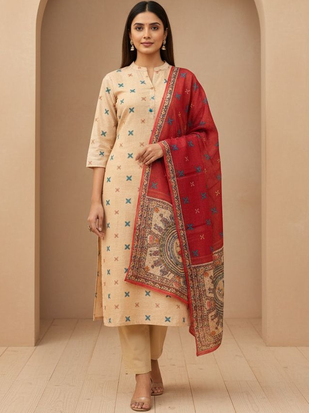 House of Pataudi Printed Silk Blend Mandarin Collar Kurta & Trousers With Dupatta