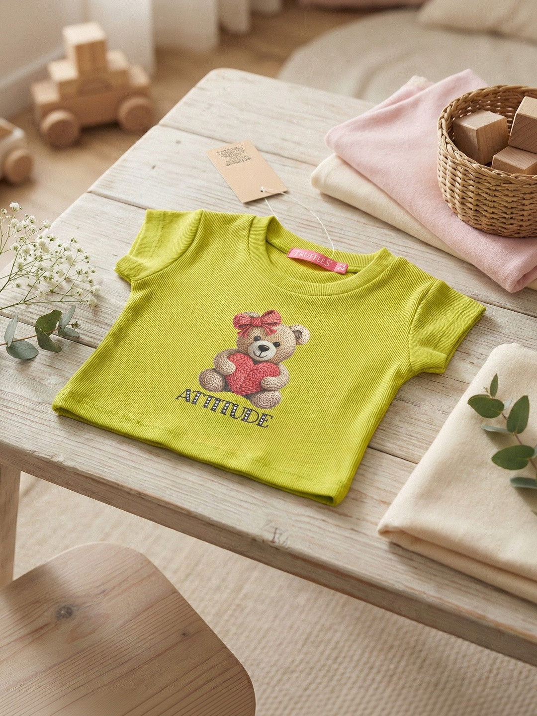 TRUFFLES Girls Green 'attitude' Teddy Bear Graphic Print Ribbed Crop Tops