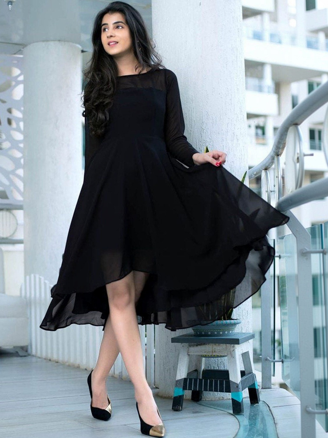 SZN Round Neck Georgette Midi Fit and Flare Dress