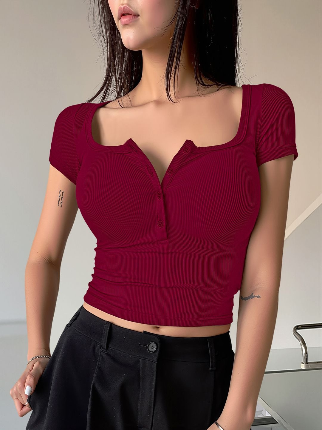 Maheshvi Square Neck Short Sleeves Ribbed Crop Top