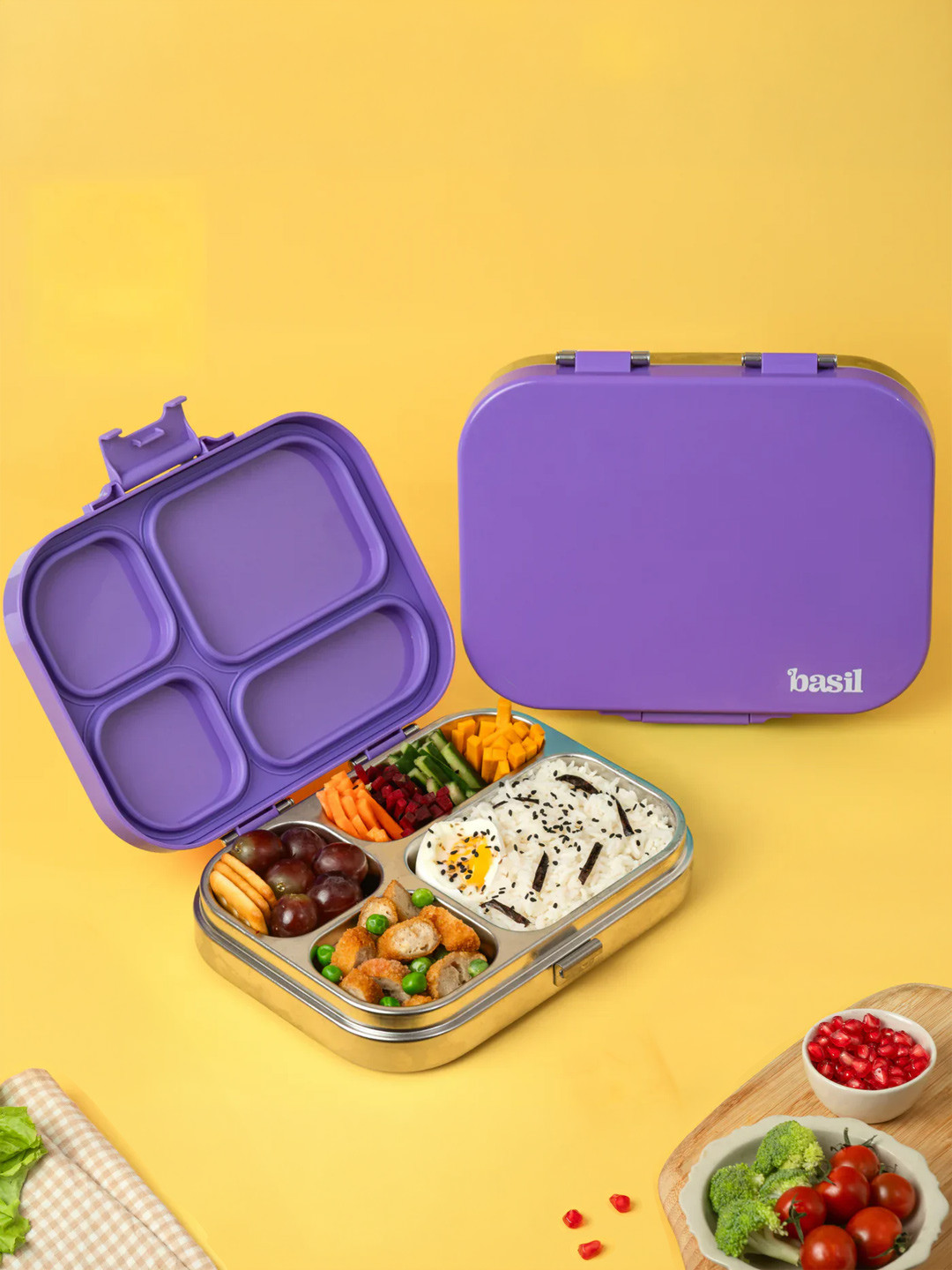 BASIL Purple Pop Stainless Steel 4 Compartment Bento Lunch Box -800ml