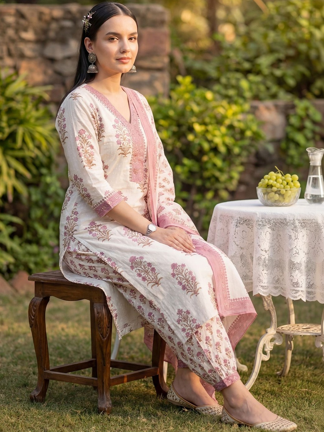 Indo Era Women Floral Printed Regular Sequinned Pure Cotton Kurta with Salwar & With Dupatta