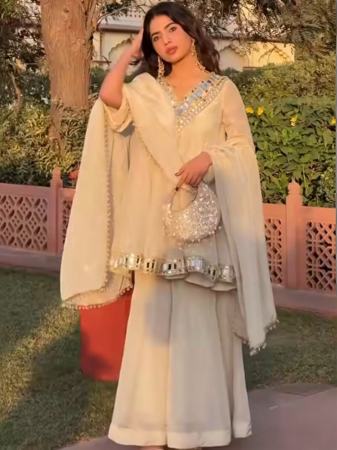 SWORNY FASHION Women Embroidered Pleated Mirror Work Silk Chiffon Kurta with Palazzos & With Dupatta