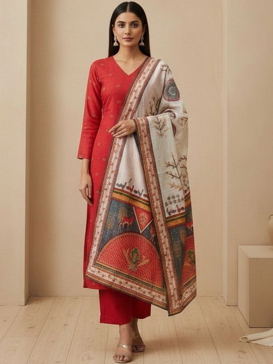 House of Pataudi Printed V-Neck Kurta & Trousers With Dupatta