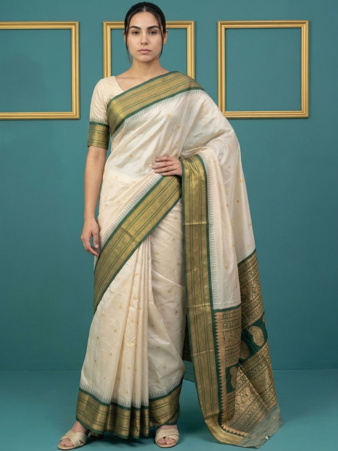 ELITE WEAVES Cream Ethnic Motifs Zari Silk Blend Saree
