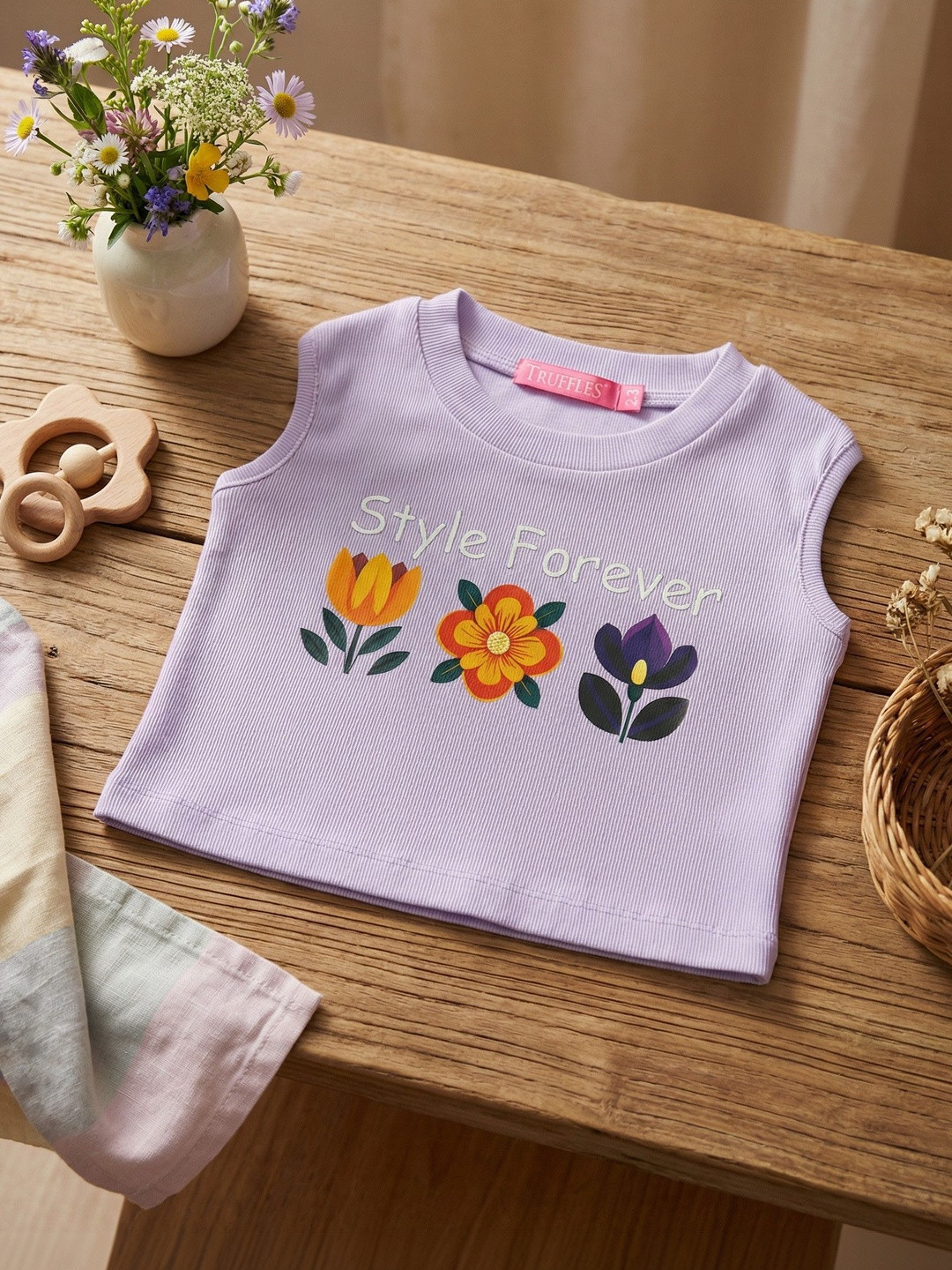TRUFFLES Girls Lilac 'little' Bunny Graphic Print Ribbed Crop Tops