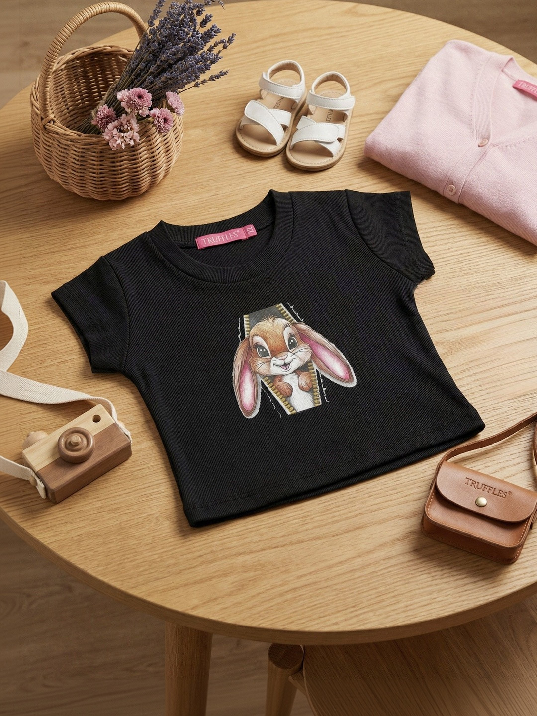 TRUFFLES Girls Black 3d Bunny Graphic Print Ribbed Crop Tops