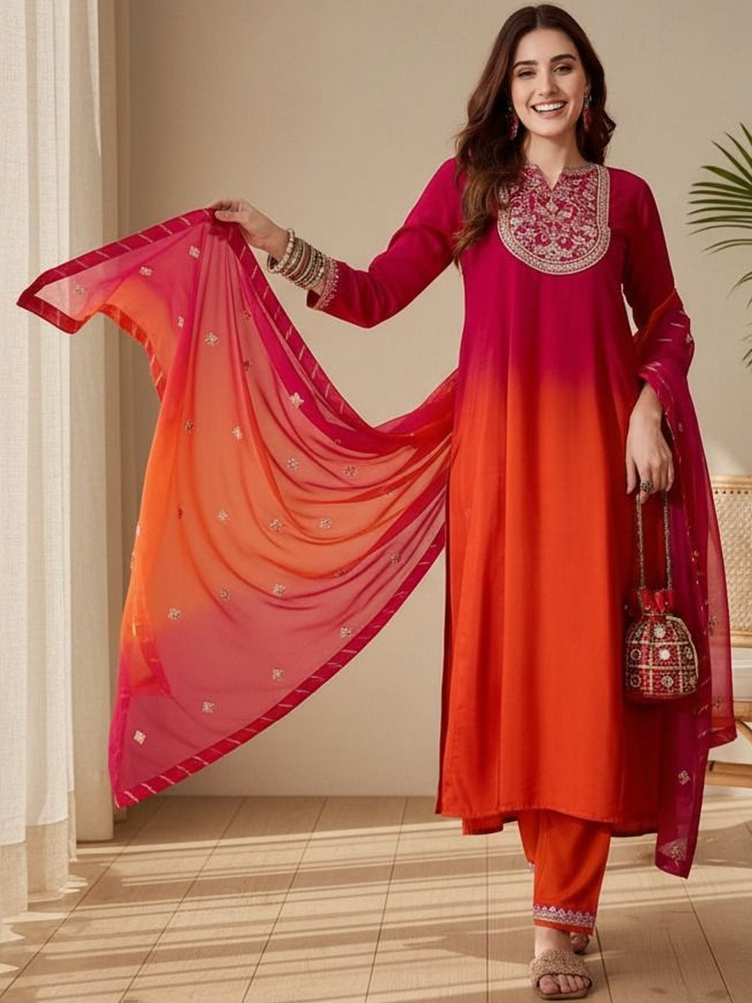 HERE&NOW Women Embroidered Regular Sequinned Kurta with Trousers & With Dupatta