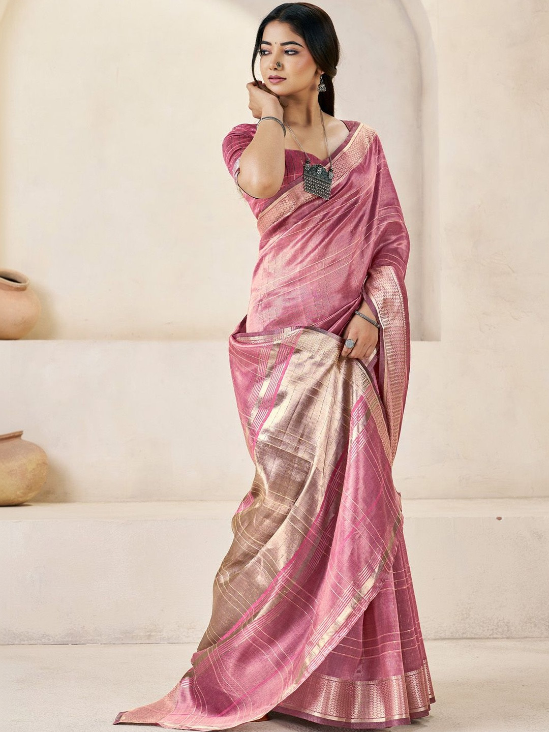 House of Pataudi Mauve Linen Ethnic Woven Design Festive Wear Matching Blouse & Sarees