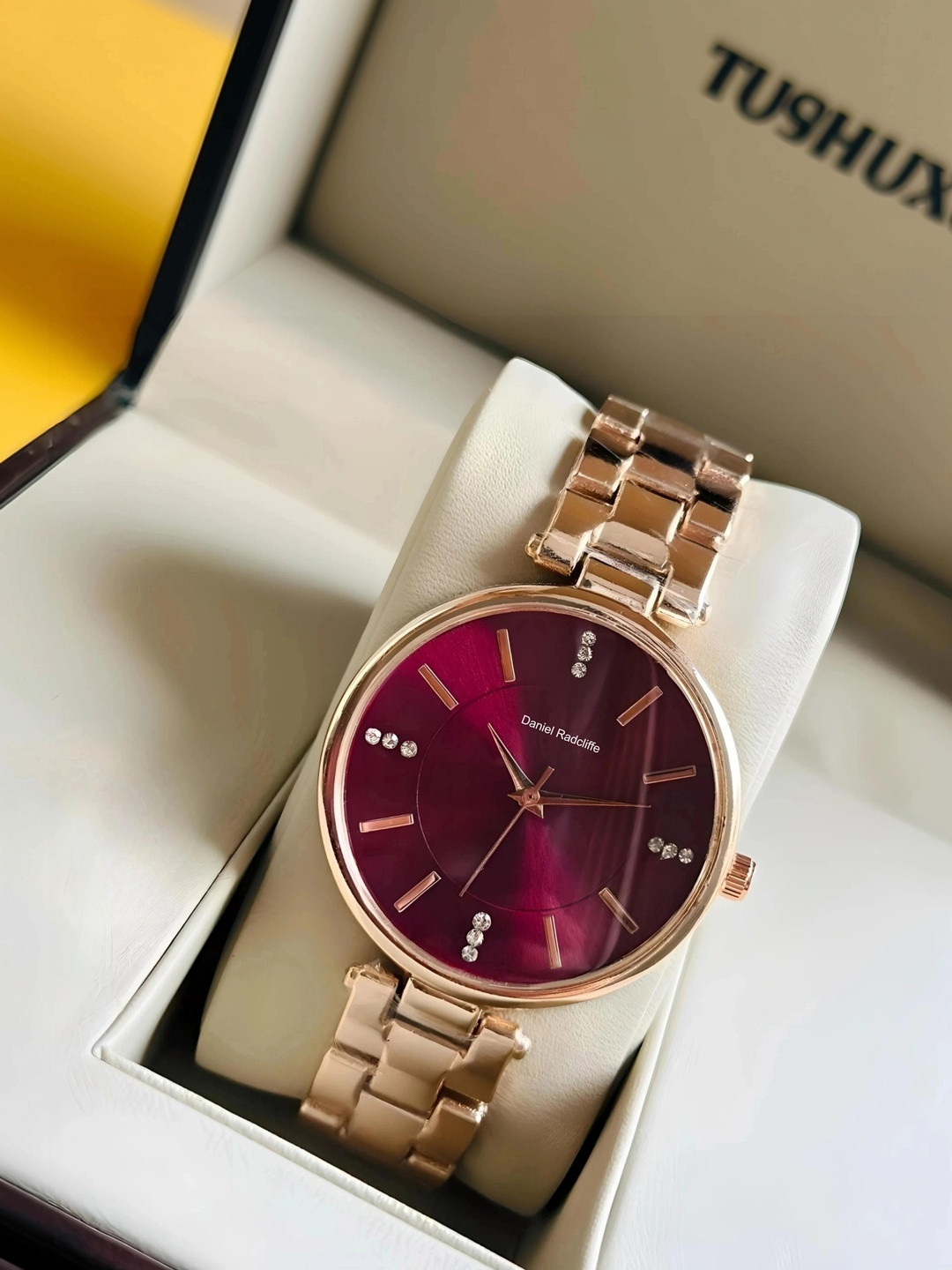 Daniel Radcliffe Women Brass Skeleton Dial & Bracelet Style Straps Analogue Watch DB Rose Maroon