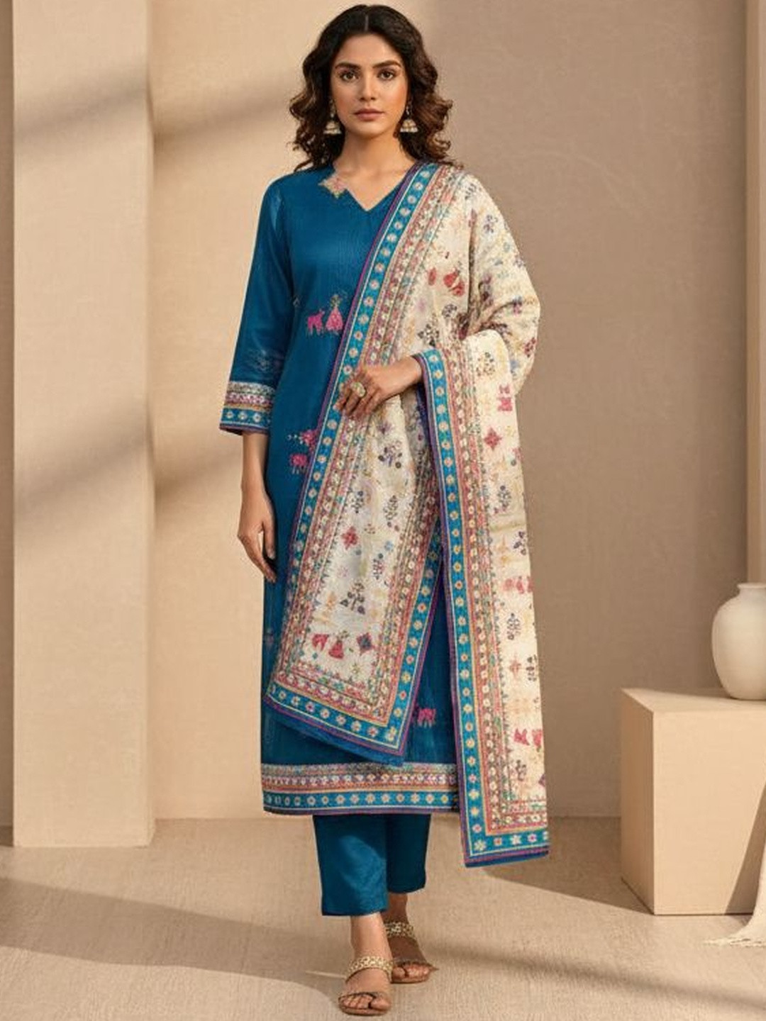 House of Pataudi Printed V-Neck Kurta & Trousers With Dupatta