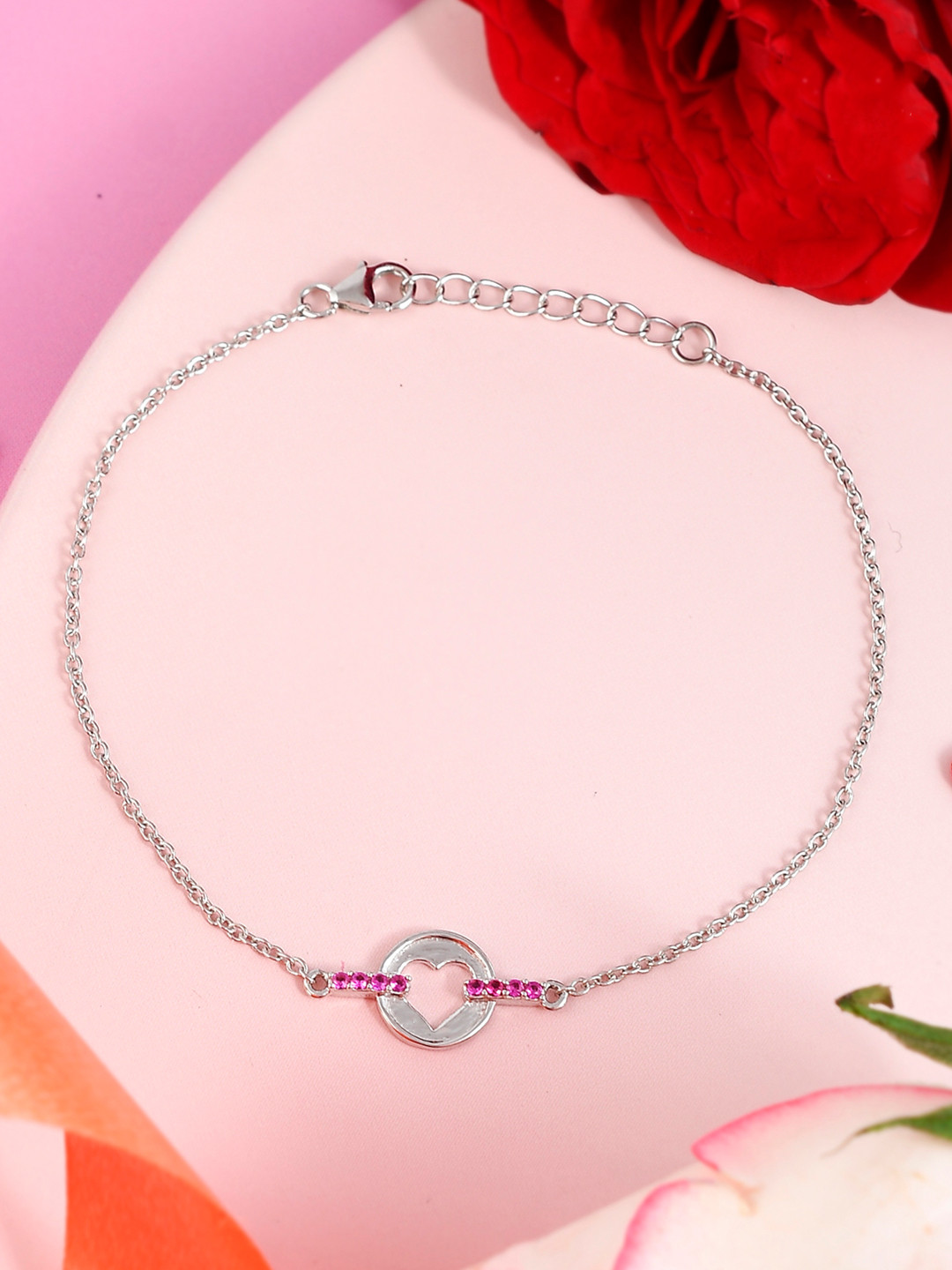Valentine's Day Collection Pink CZ Heart Silver Bracelet