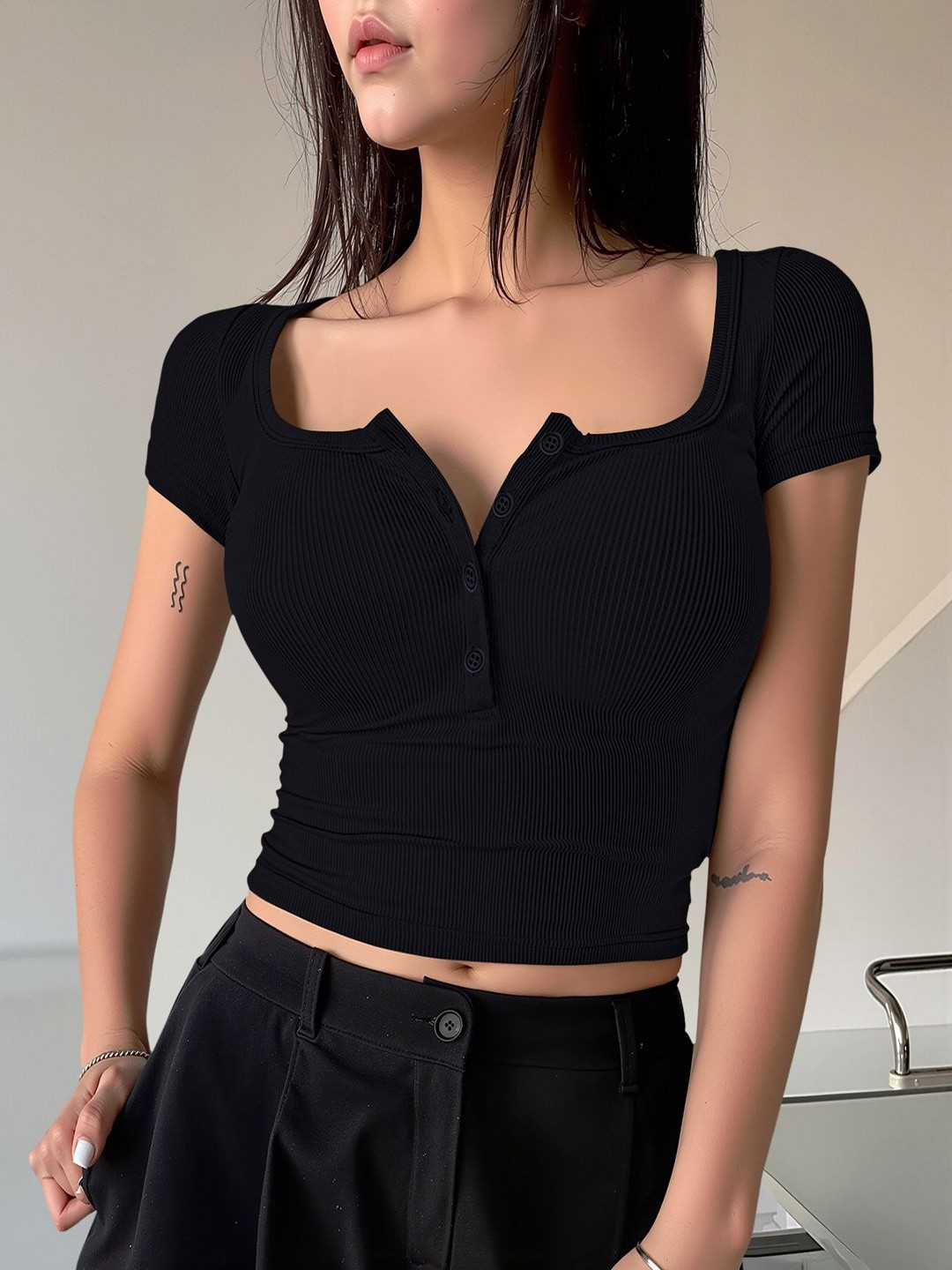 Maheshvi Square Neck Short Sleeves Ribbed Crop Top