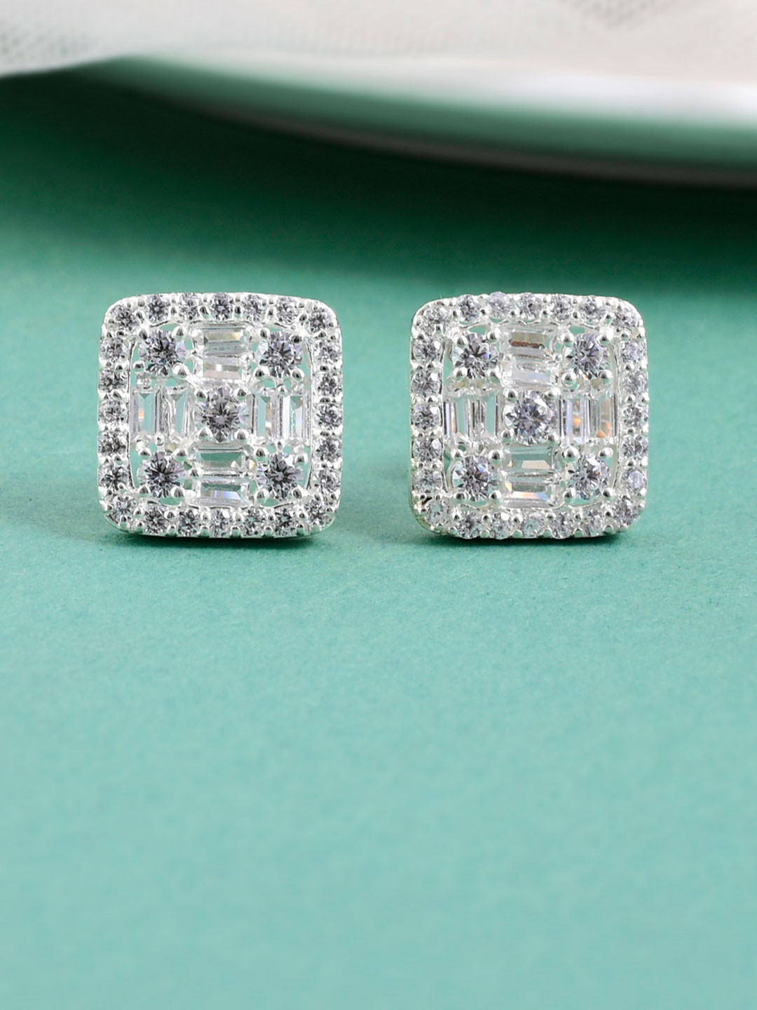 Square Shaped Stud Earrings Decked with CZ