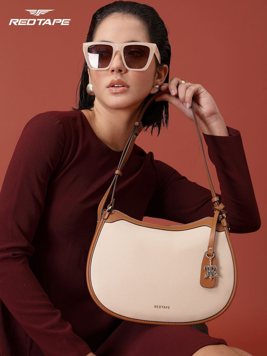 Red Tape Women White Brown Colorblocked Casual Formal Shoulder Bag