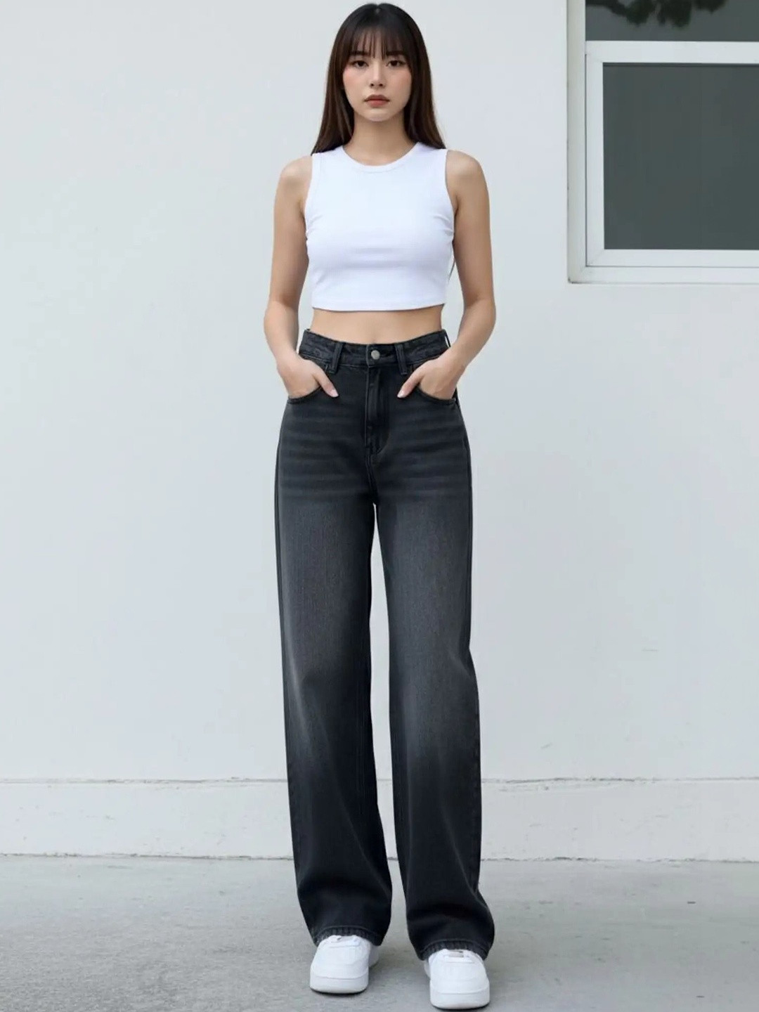 Mast & Harbour Women Comfort Wide Leg High-Rise Light Fade Acid Wash Stretchable Jeans
