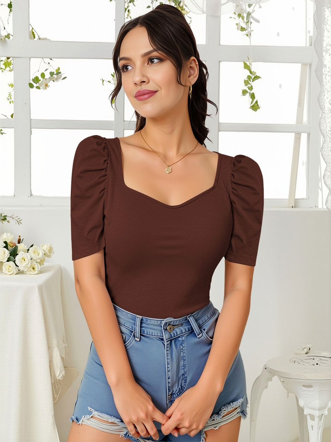 Navyankaa Casual Polyester Blend Sweetheart Neck Short Sleeves Regular Fit 22 Inches Tops