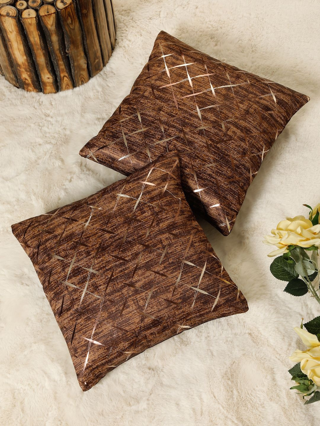 HOSTA HOMES Beige Set of 2 Geometric Square Cushion Covers