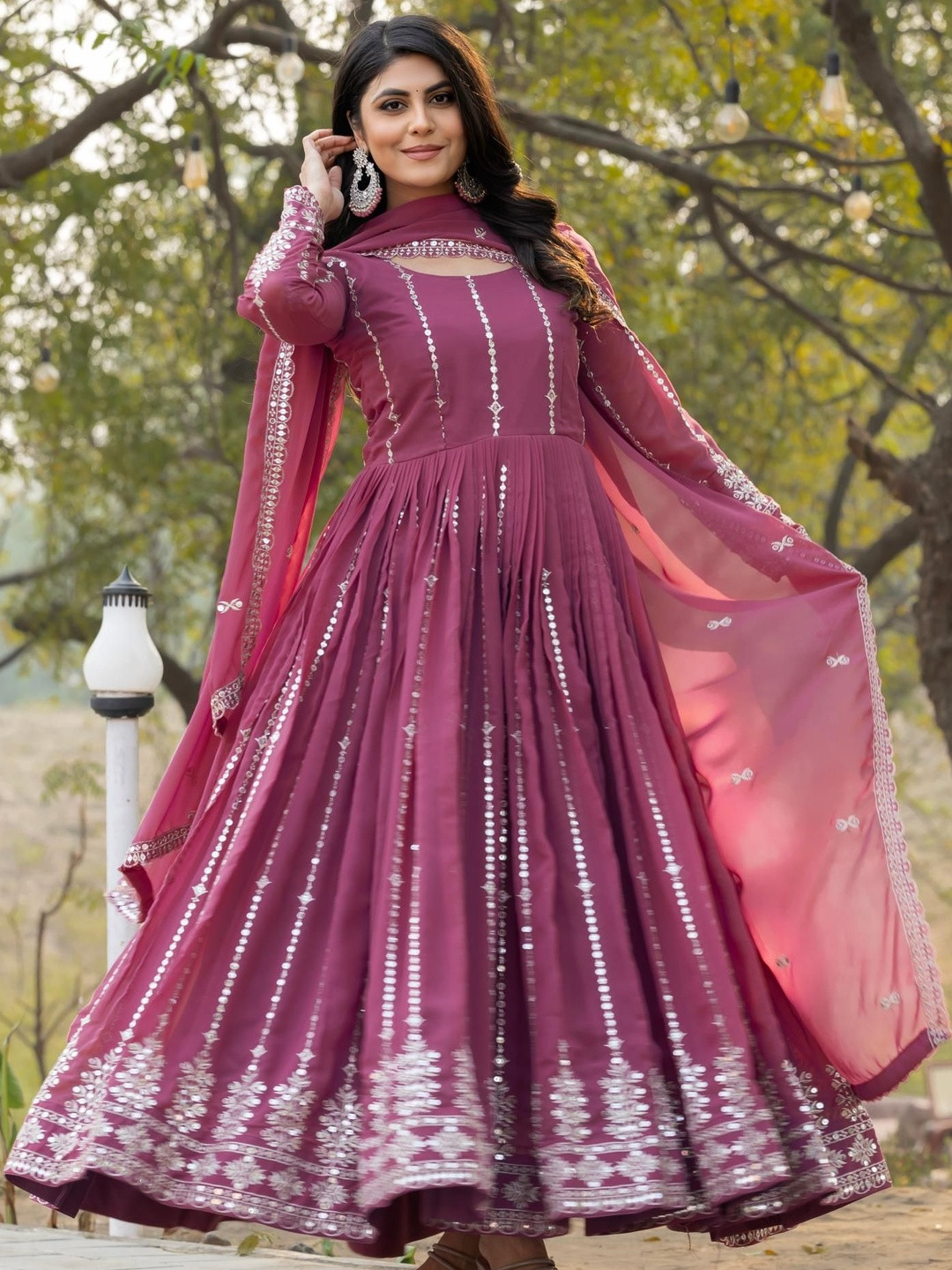 HERE&NOW Women Ethnic Motifs Embroidered Tiered Sequinned Kurta with Pyjamas & With Dupatta