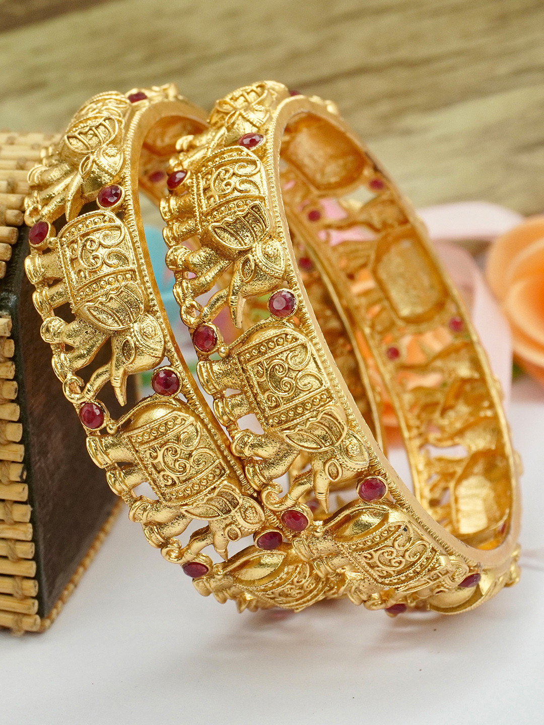 Panini jewels Set of 2 Gold-Plated Stones Elephant Designer Bangles