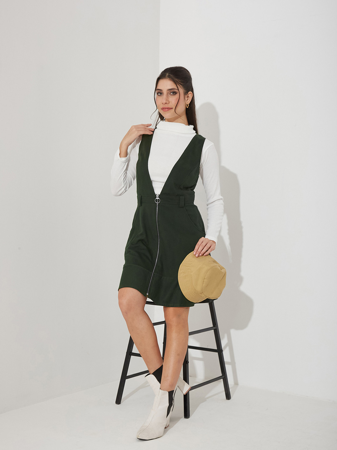 Miss Chase Bottle Solid Polyester Pinafore Dress with Zipper Detail and Side Pockets