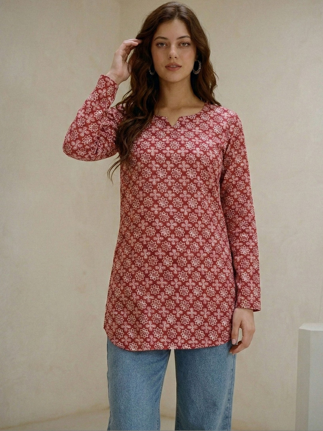 DHAKRE FASHION Floral Printed Long Sleeves & Notched Neck Kurti