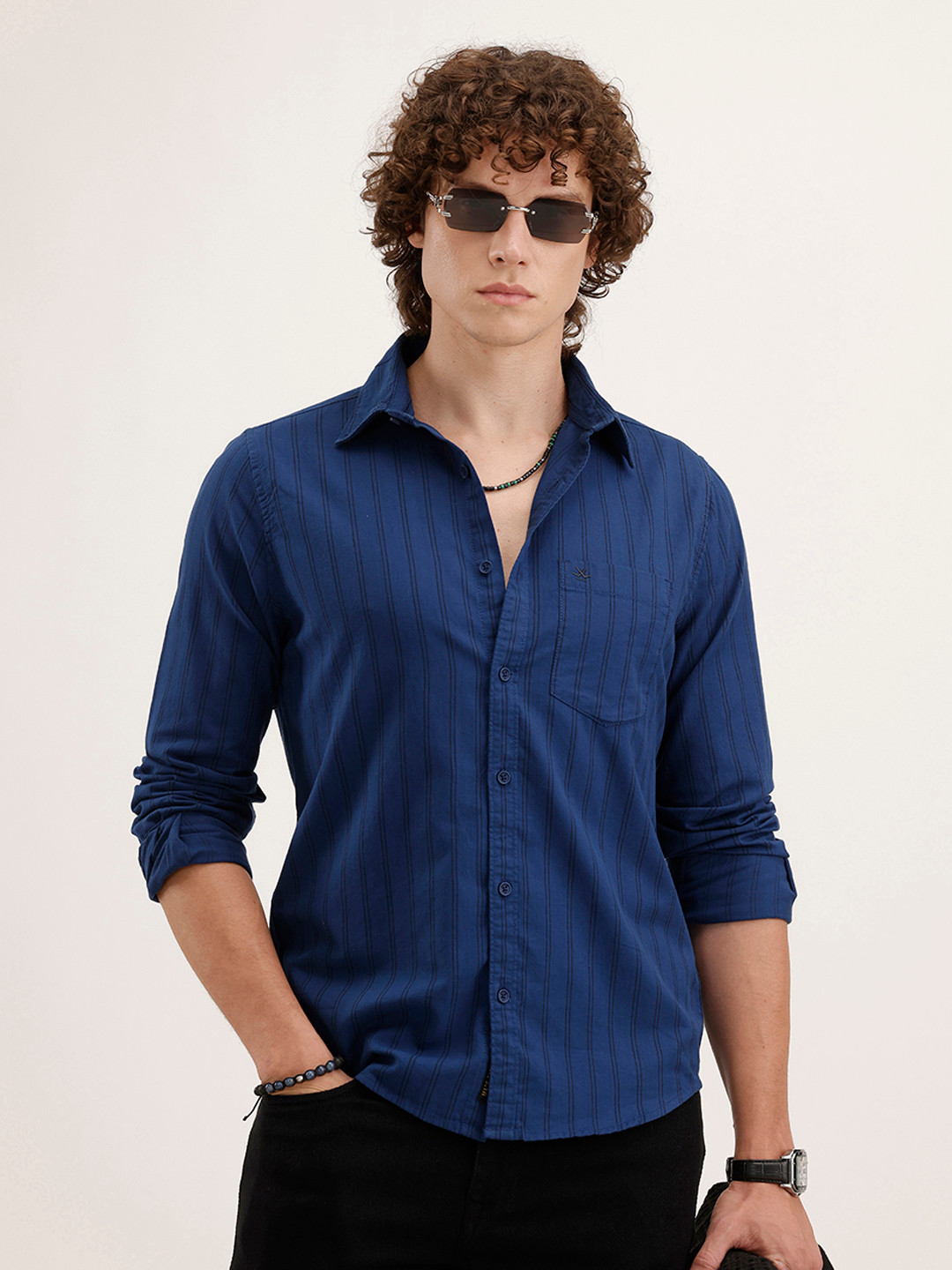 WROGN Slim Fit Opaque Striped Pure Cotton Casual Shirt