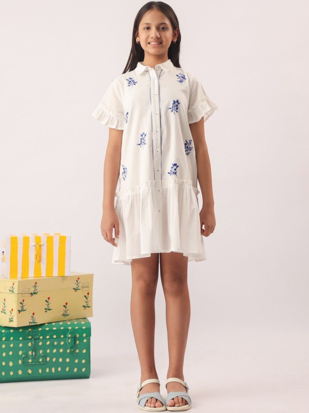 The Little Trunk Girls Floral Embroidered Cotton A-Line Dress